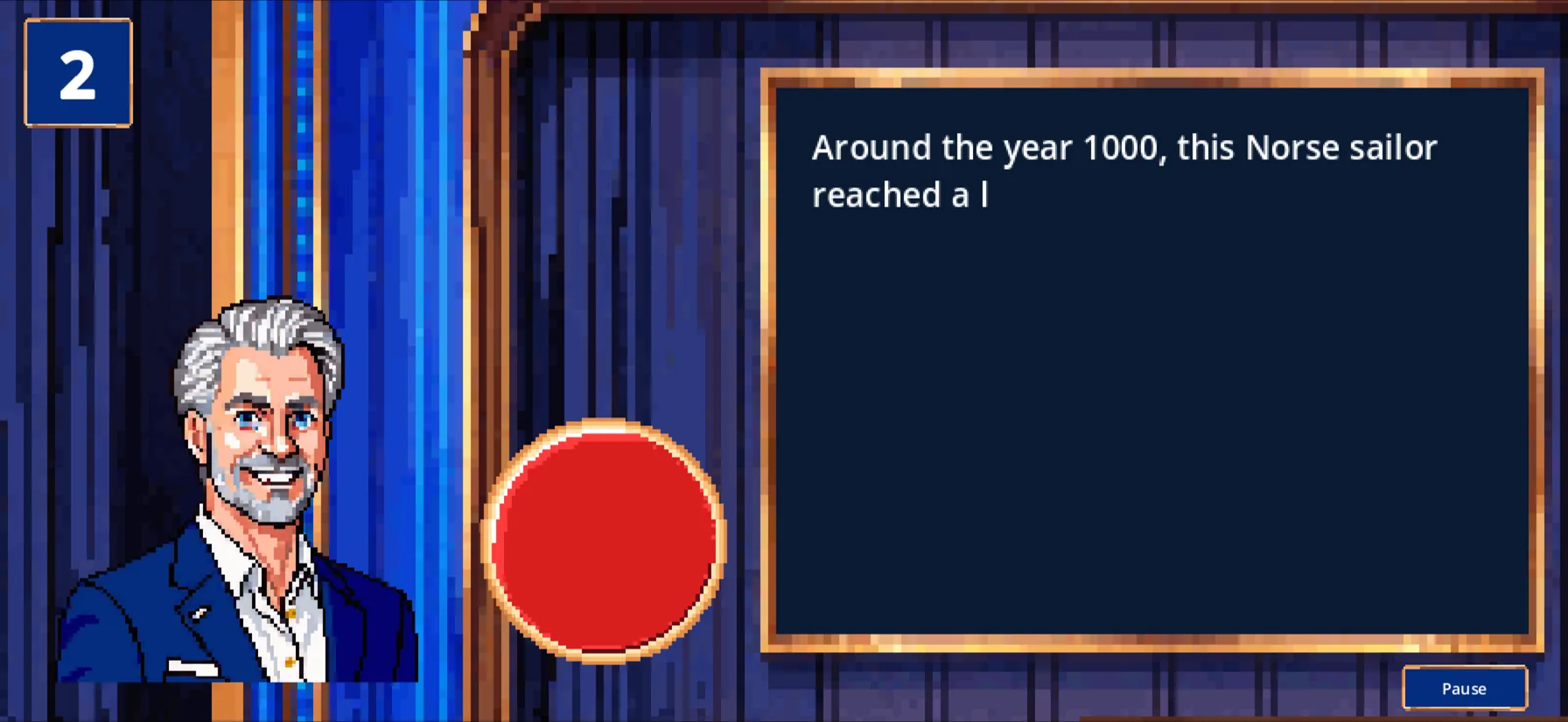 Round 1 buzzer race: a clue reads out while the red buzzer waits for the first press