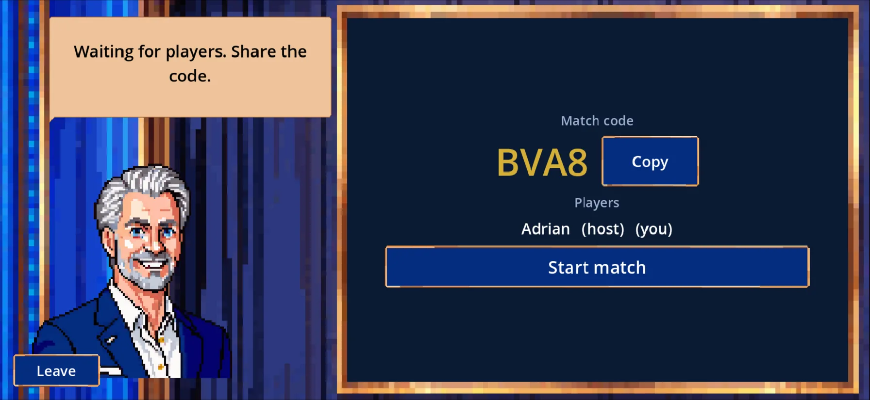 Multiplayer lobby showing a four-character match code to share with friends