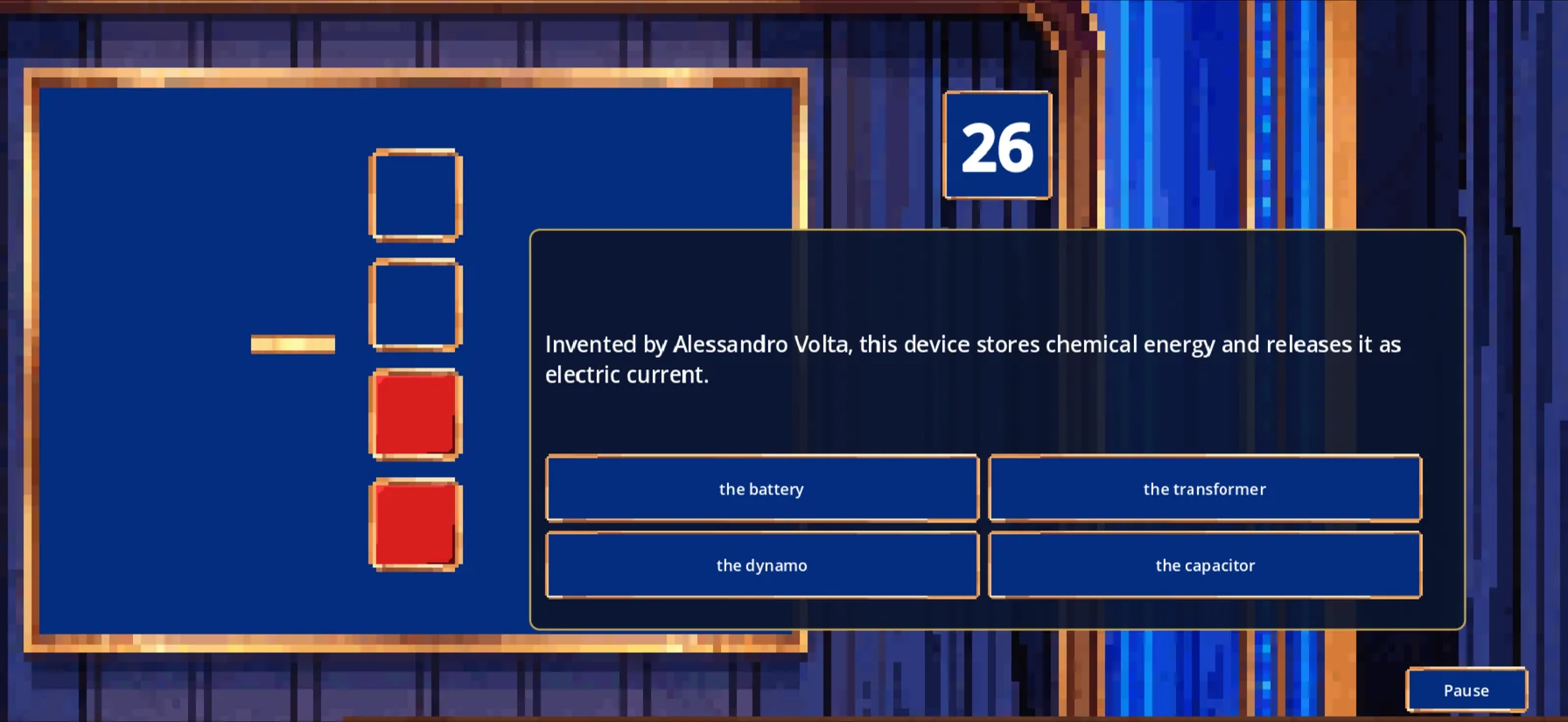 Round 2 themed streak: four answer choices and a four-in-a-row tracker beside the score